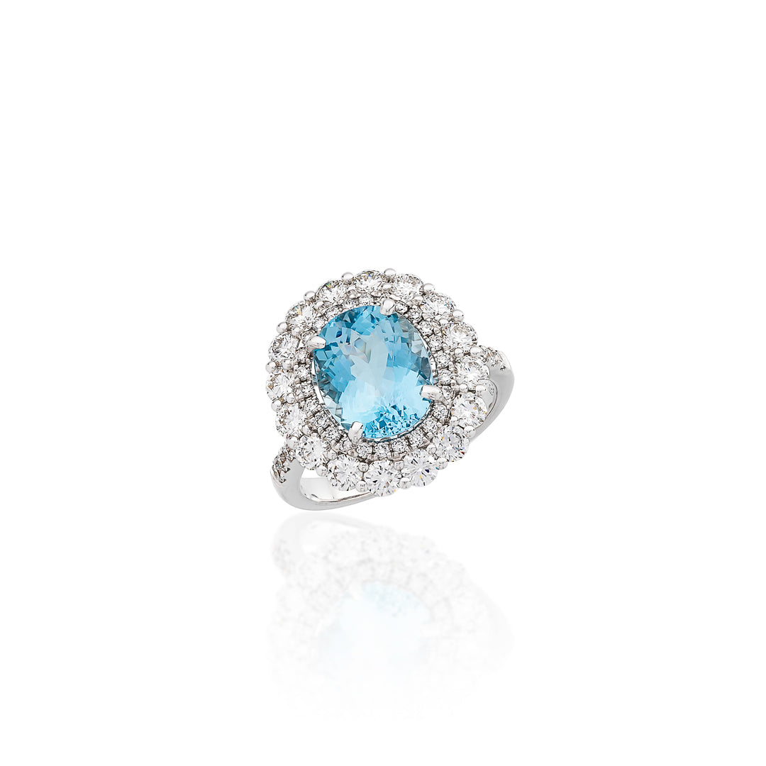 Diamond and Aquamarine Cluster Ring – 18ct White Gold 18ct White Gold