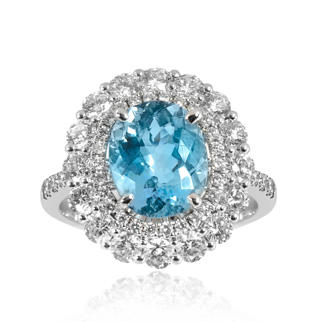 White Gold Diamond and Aquamarine Cluster Ring 18ct White Gold
