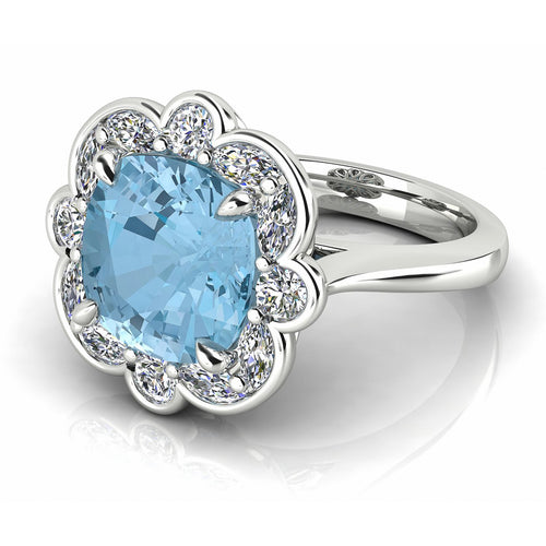 18ct White Gold Cushion Aquamarine and Diamond cluster Ring White Gold