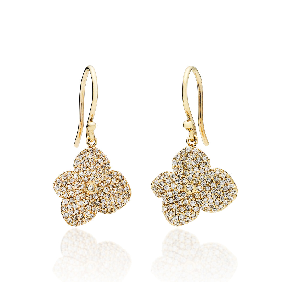 Yellow Gold Pave Diamond Hydrangea Drop Earrings 9ct Yellow Gold