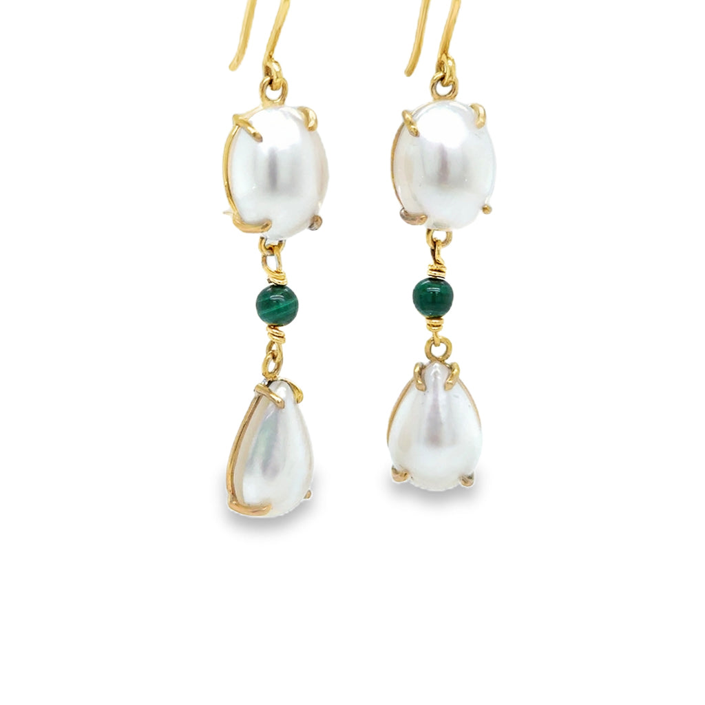Pearl and Malachite Earrings Yellow Gold