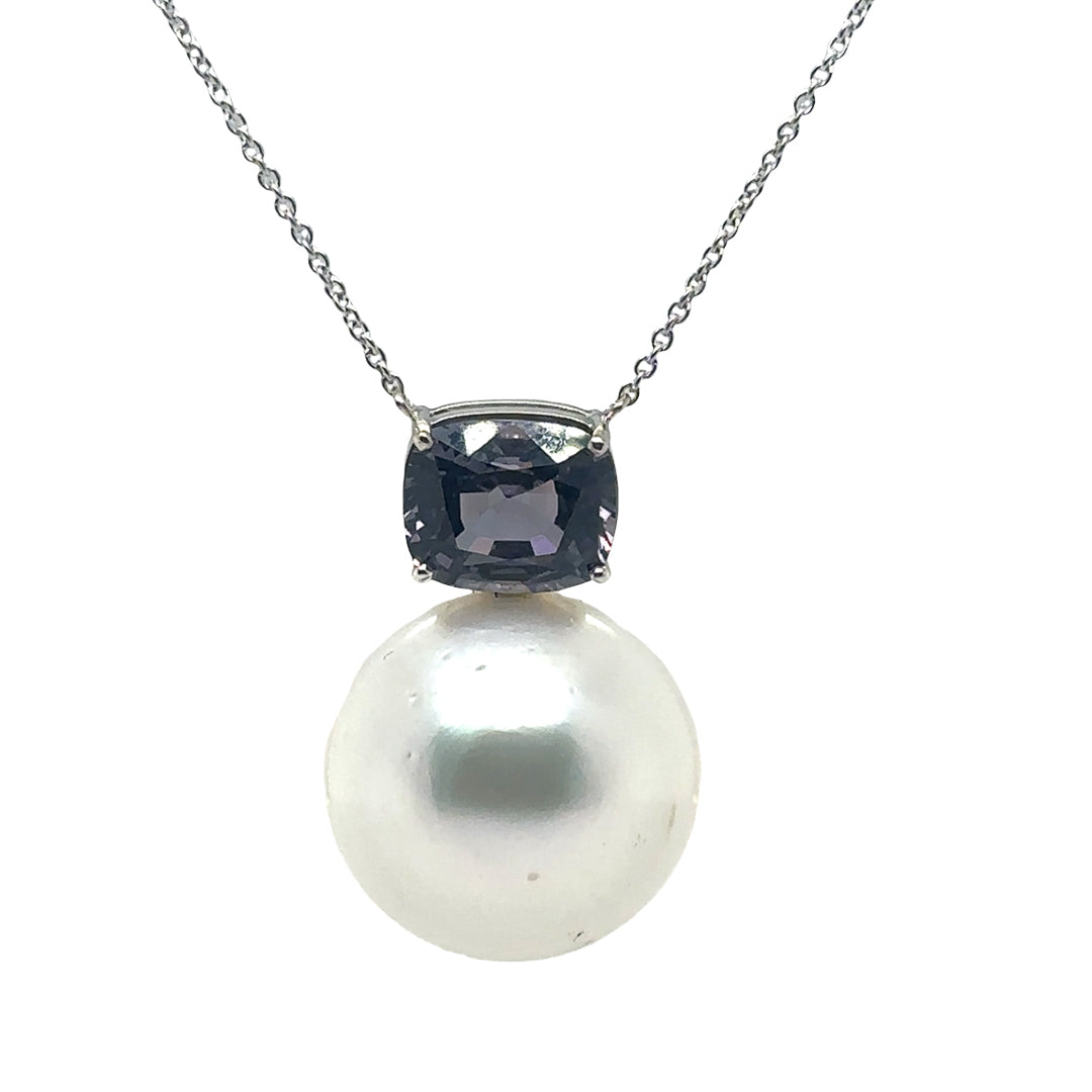 White Gold Black Spinel & Pearl Pendant 9ct White Gold
