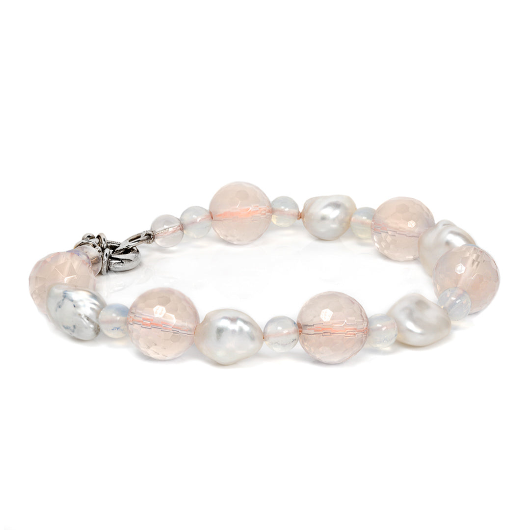 Rose Quartz, Keshi Pearl & Moonstone Bracelet Silver